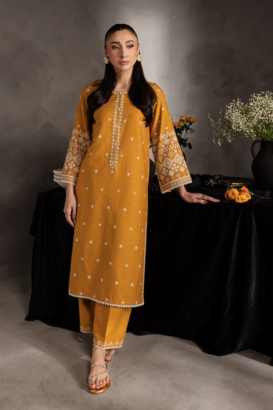 Mustard Jasper 2Pc - Embroidered Dhanak bana Dora Unstitched